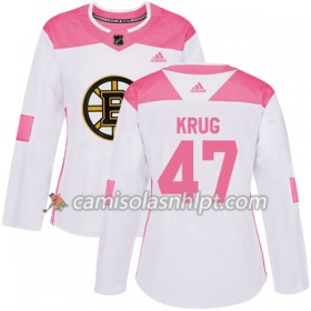 Camisola Boston Bruins Torey Krug 47 Adidas 2017-2018 Branco Rosa Fashion Authentic - Mulher